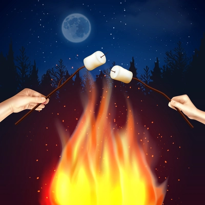 Campfire marshmallow composition with forest moonlit night scenery and flame with human hands broiling pieces of marshmallow vector illustration