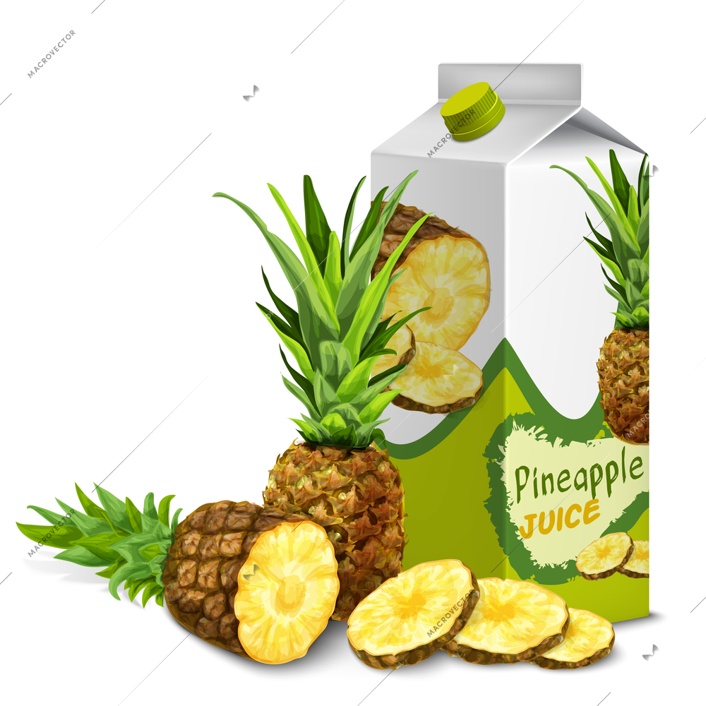 Juice carton cardboard box pack 3d with sliced sweet pineapple isolated vector illustration