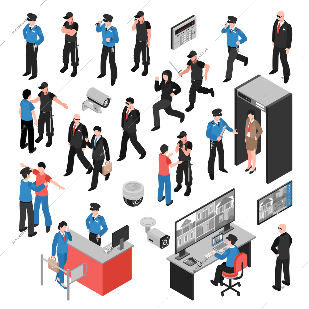 Security system isometric icons set with guards, criminals, personal inspection, video surveillance, access control isolated vector illustration