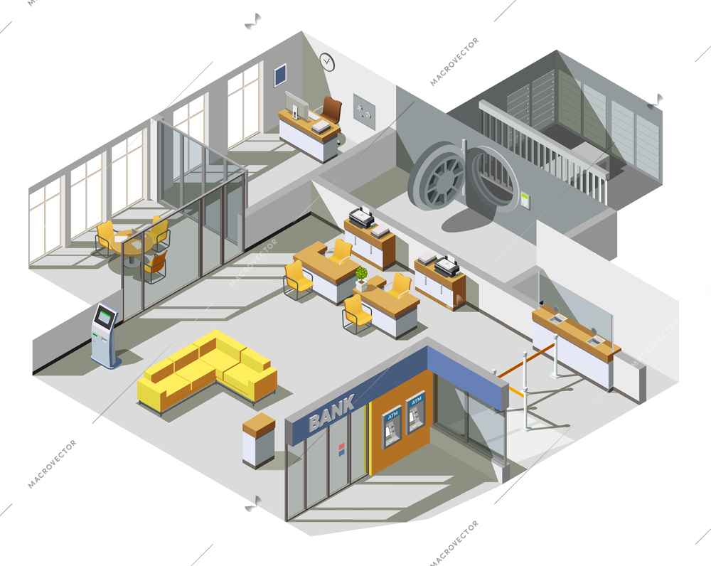 Bank offices space interior isometric view with customer assistants desks cash machine and waiting area vector illustration