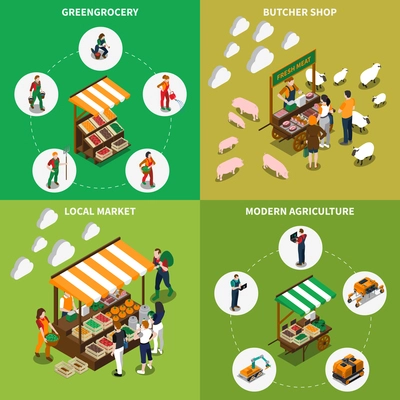 Farm local market isometric 2x2 design concept with images of market stalls farm animals and human characters vector illustration