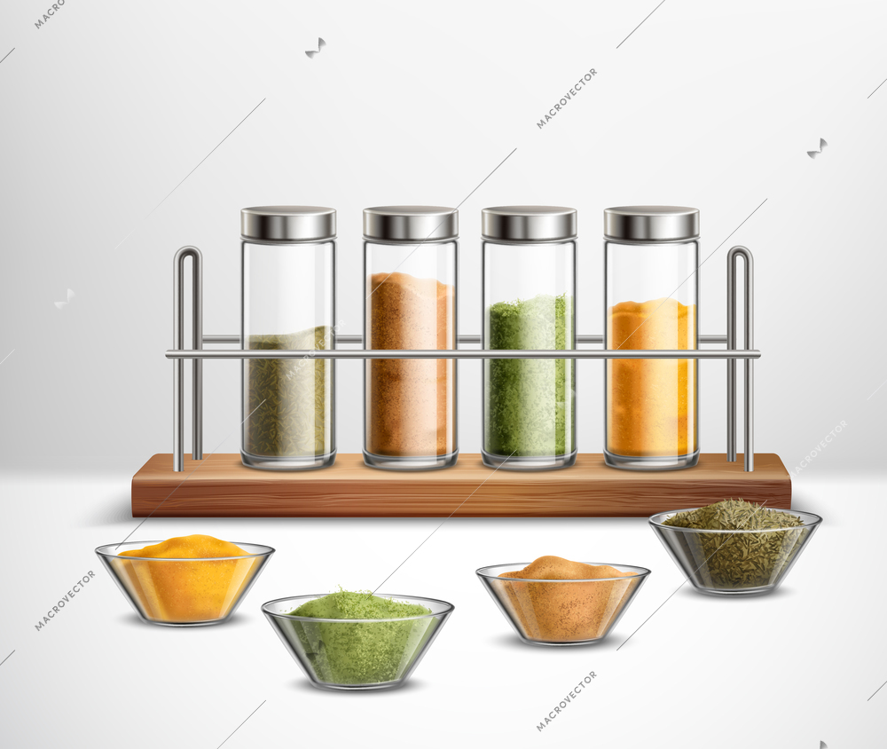 Realistic spices in bowls and glass jars on wooden shelf composition on white background vector illustration