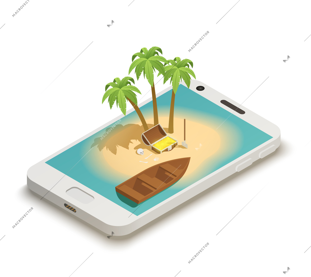 Fairy tale isometric composition on smartphone screen with island boat palms and pirates treasure chest vector illustration