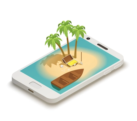 Fairy tale isometric composition on smartphone screen with island boat palms and pirates treasure chest vector illustration