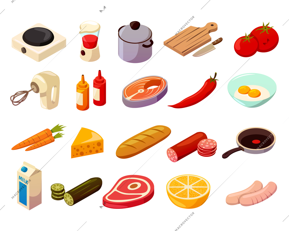 Food cooking set of isometric icons with kitchenware, culinary equipment, meat, fish and vegetables isolated vector illustration