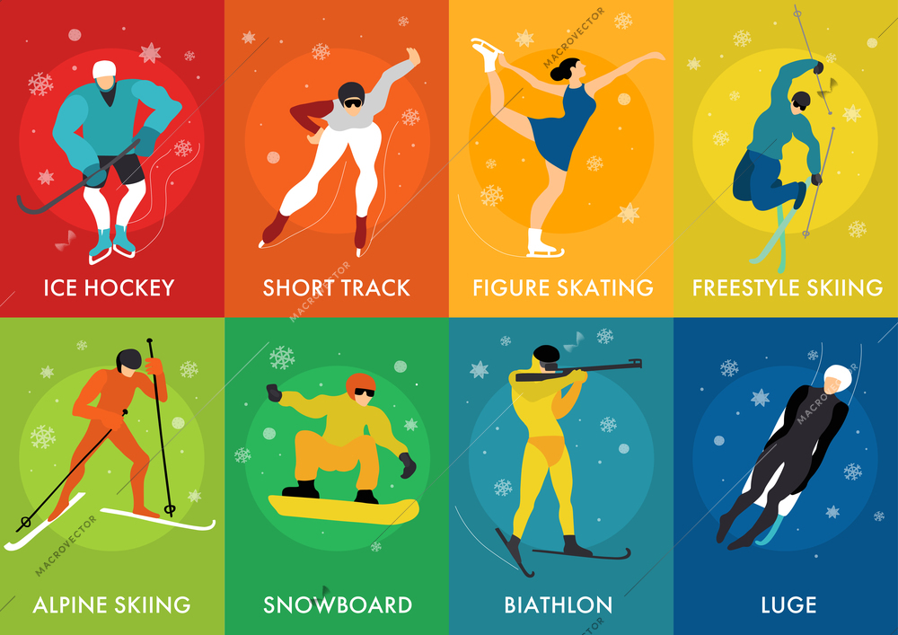 Winter sports cards set with luge freestyle ice hockey short track alpine skiing figure skating isolated vector illustration