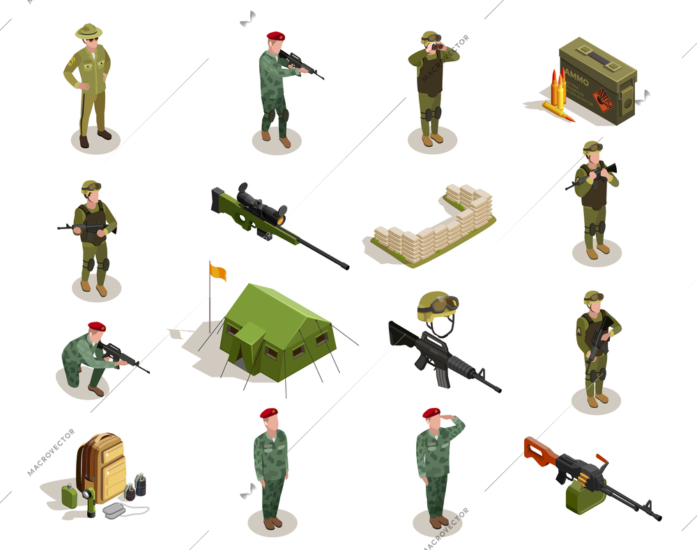 Army personnel military kit personal belongings ammunition weapon isometric icons collection with servicemen in uniform isolated vector illustration