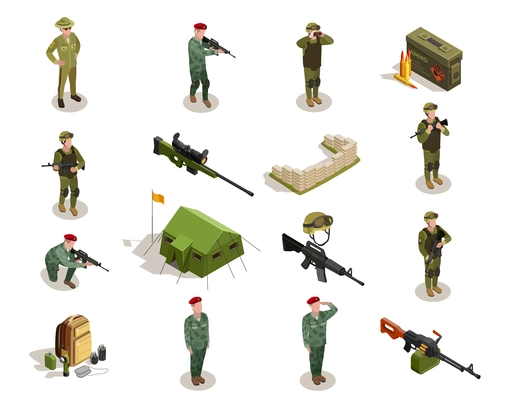 Army personnel military kit personal belongings ammunition weapon isometric icons collection with servicemen in uniform isolated vector illustration