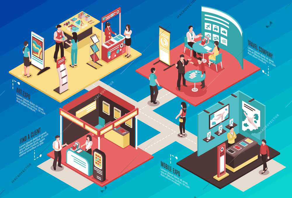 Isometric expo stand exhibition horizontal composition with text and images of different exhibit booths with people vector illustration