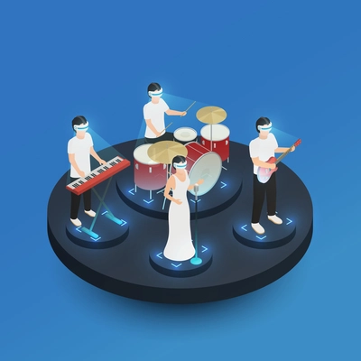 isometric composition with musical band in augmented reality glasses performing on stage 3d vector illustration