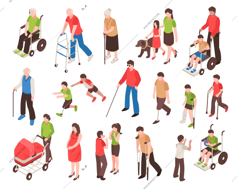 Isometric set with disabled people in wheelchair, with prosthetic limbs, blind and elderly persons isolated vector illustration