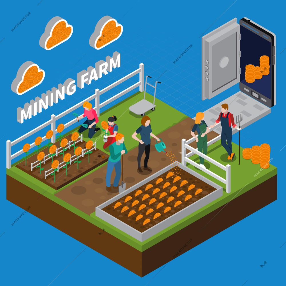 Mining farm isometric composition with virtual account, coins on garden beds on blue background vector illustration