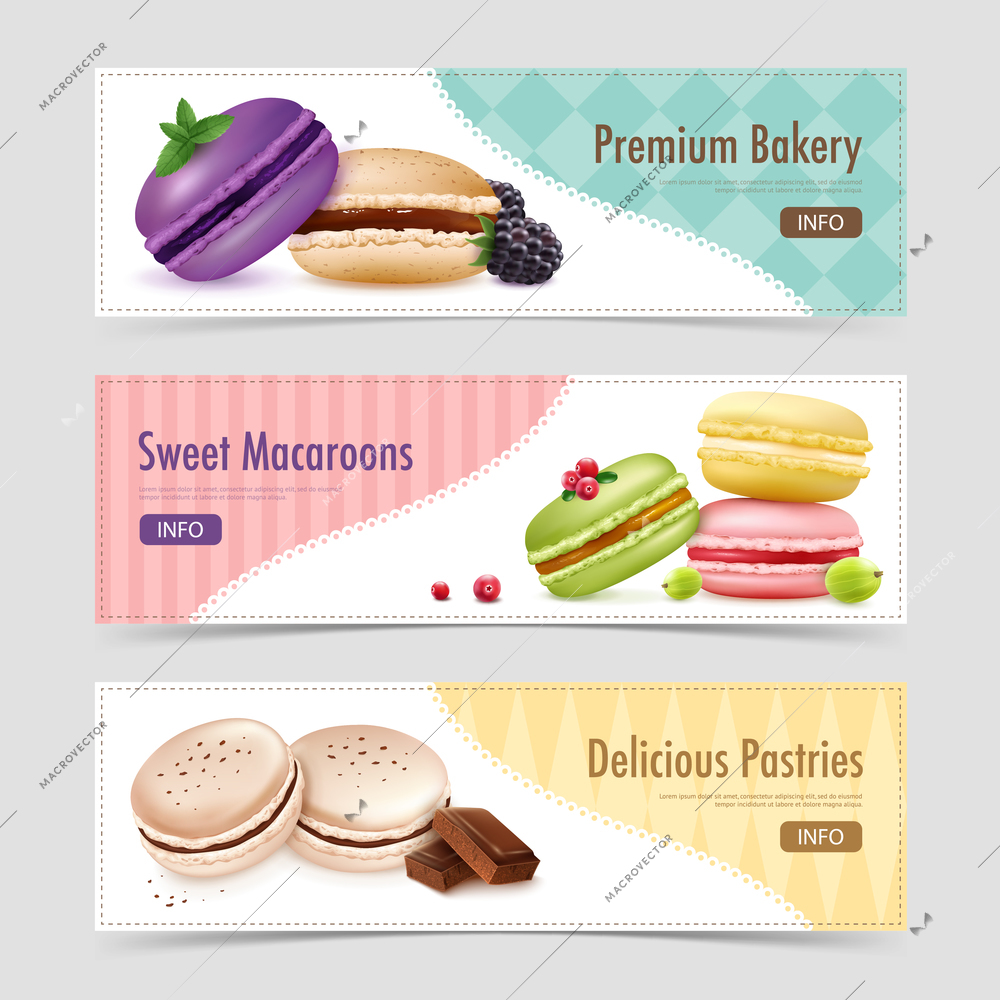 Three horizontal macaroons banners set with realistic macaroon goods and berries images text and info button vector illustration