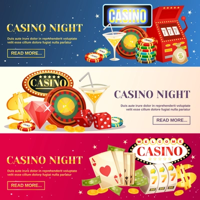 Night casino three horizontal banners with roulette cards chips jackpot dice cocktail elements flat cartoon vector illustration