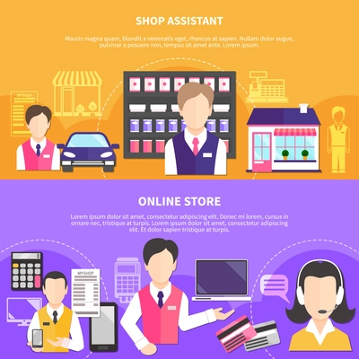 Salesman horizontal banners collection with shopworker characters and online store items payment terminal and credit cards vector illustration