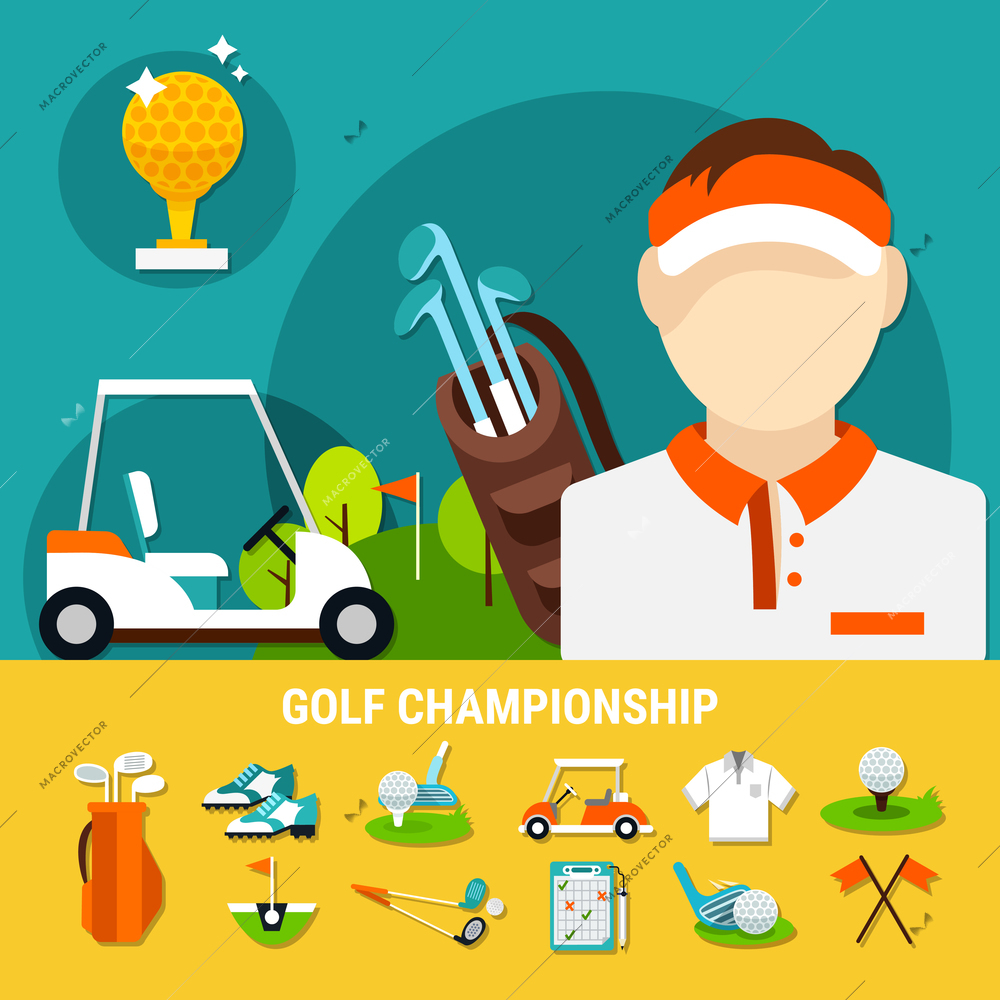 Golf championship concept with sports equipment icons on yellow background, playful field for tournament isolated vector illustration