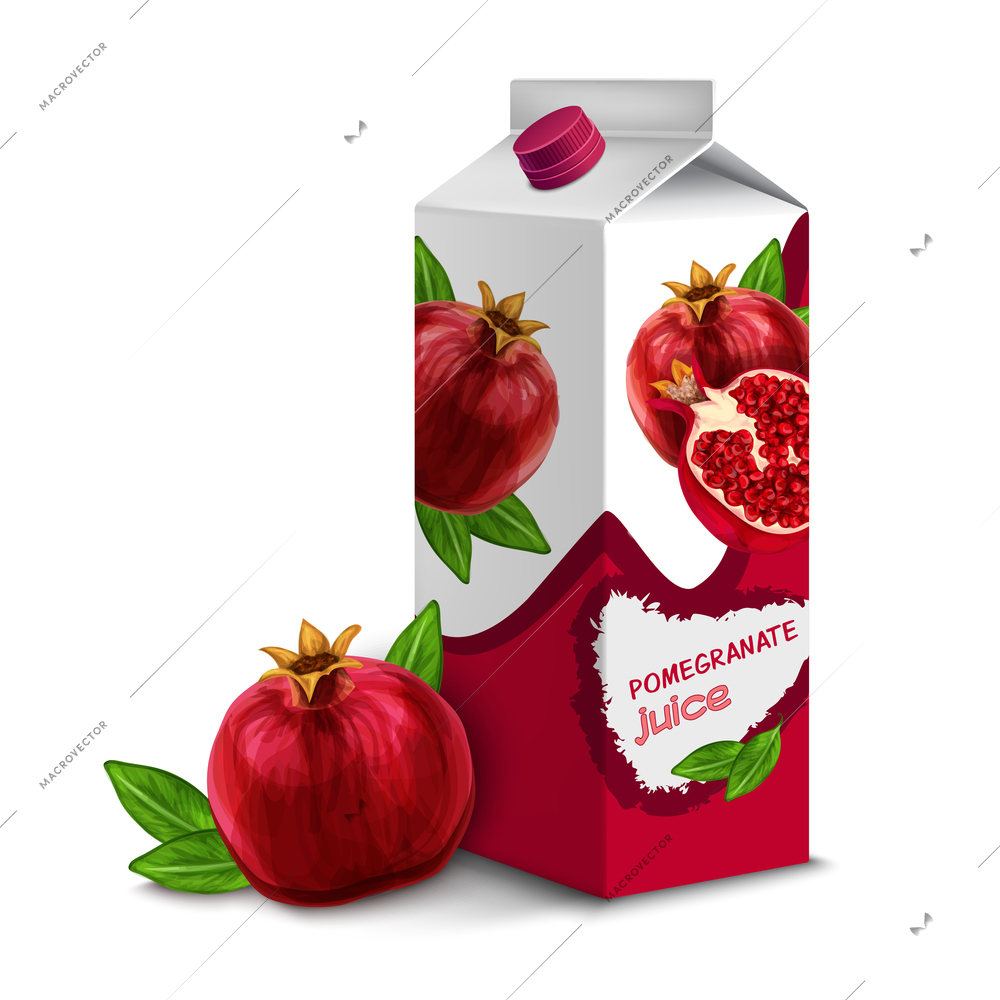 Juice drink carton box pack 3d with pomegranate isolated on white background vector illustration