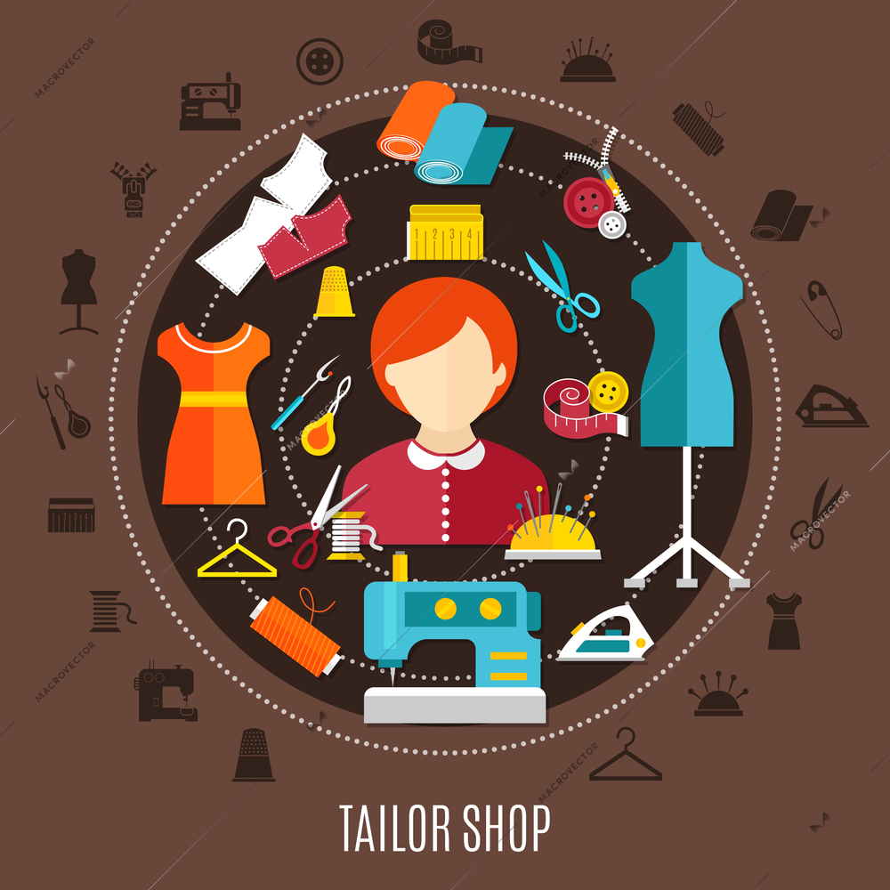 Tailor shop and sewing concept with needles pins and scissors flat vector illustration