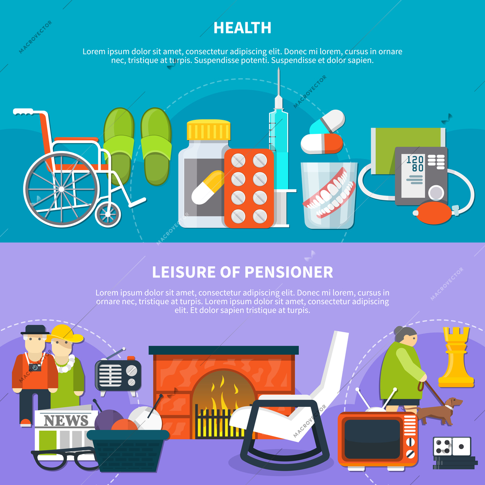 Two colored horizontal banner set with health and leisure of pensioner descriptions vector illustration