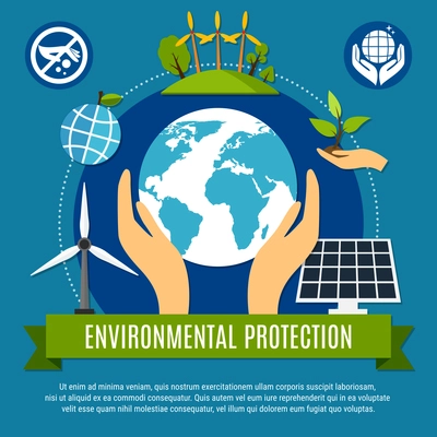 Ecology and pollution concept with globe and nature symbols flat vector illustration