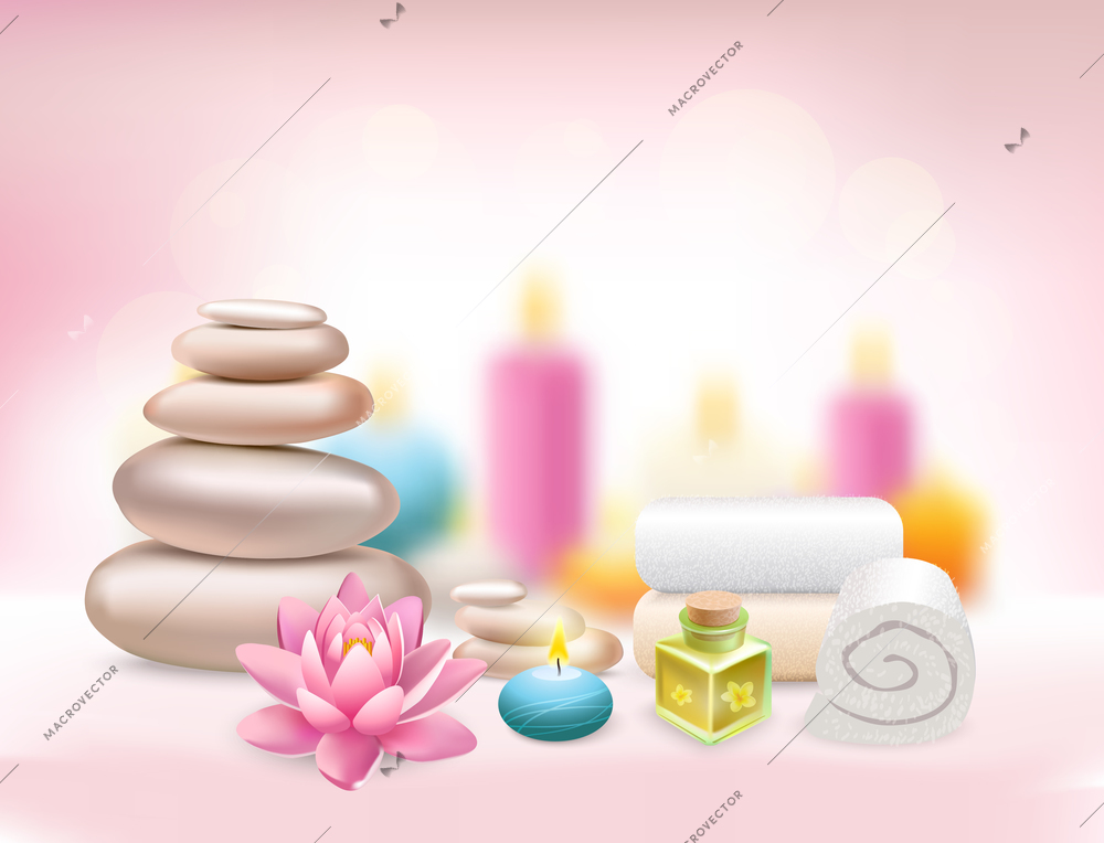 Spa realistic rose composition with aroma candles white towels pearl stones and lotus flower vector illustration