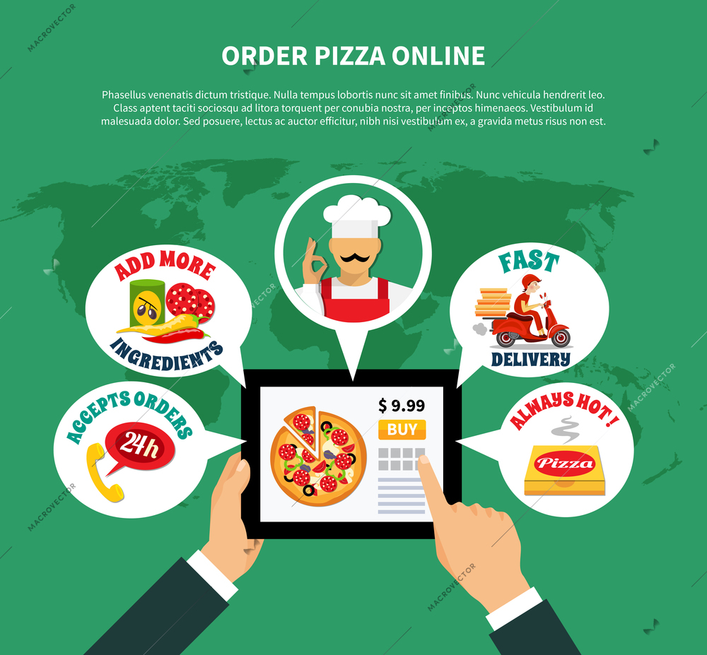 Pizza online order application background with world map and tablet with thought bubble stickers and text vector illustration