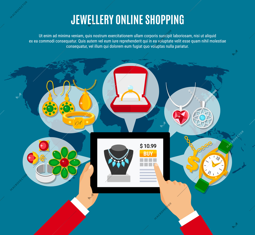 Jewelry online shopping composition with gadget in hands, female and male decorations on blue background vector illustration