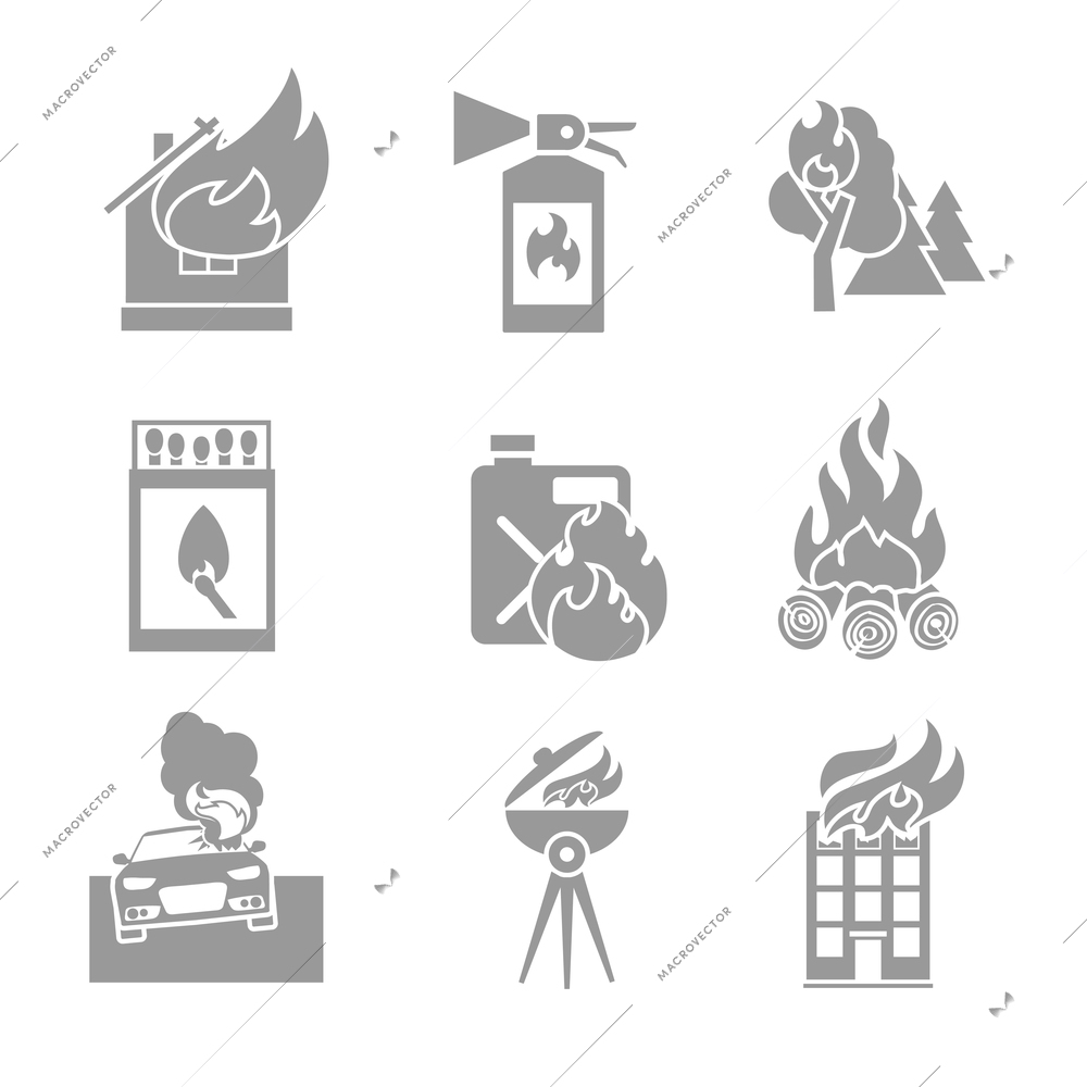 Fire protection black and white icons set of house forest car accidents isolated vector illustration