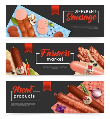 Realistic sausage horizontal banners set with shopping symbols isolated vector illustration