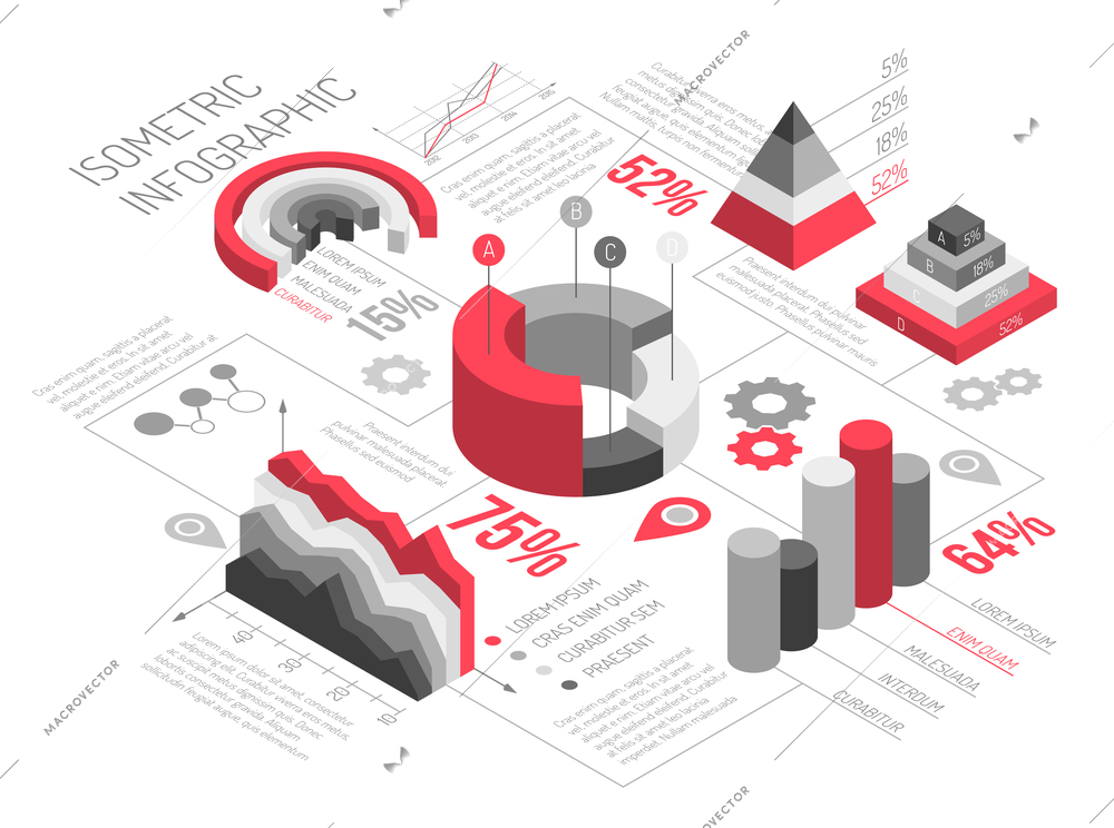 Isometric diagrams infographics black and white with solid geometric objects for graphs and diagrams with text vector illustration