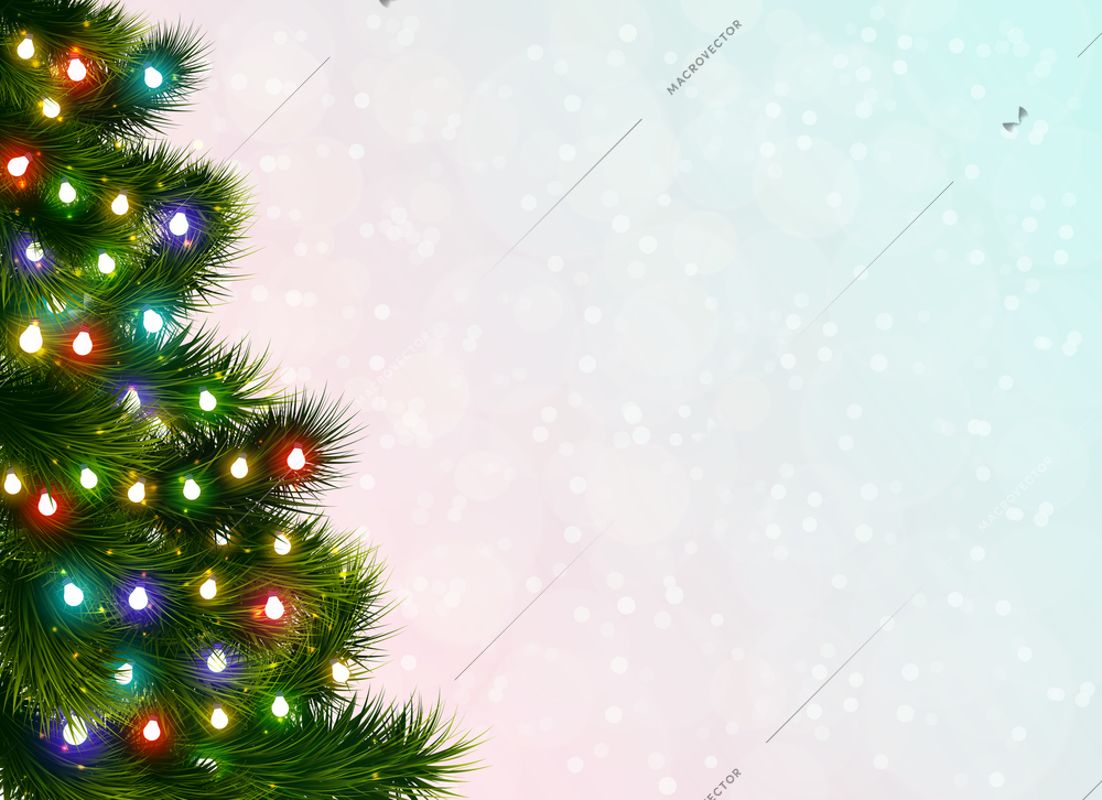 Festive poster with christmas tree decorated with garland of colorful electric lights realistic vector Illustration