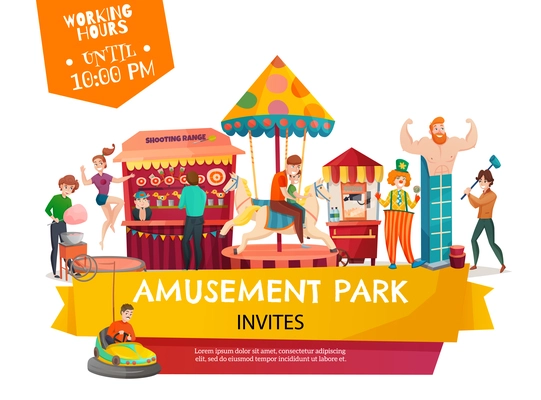 People in amusement park poster with  carousel shooting range cartoon circus tent clown cartoon icons vector Illustration