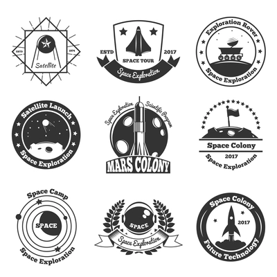 Space exploration emblems collection of nine isolated monochrome images with stars decorative images and text captions vector illustration