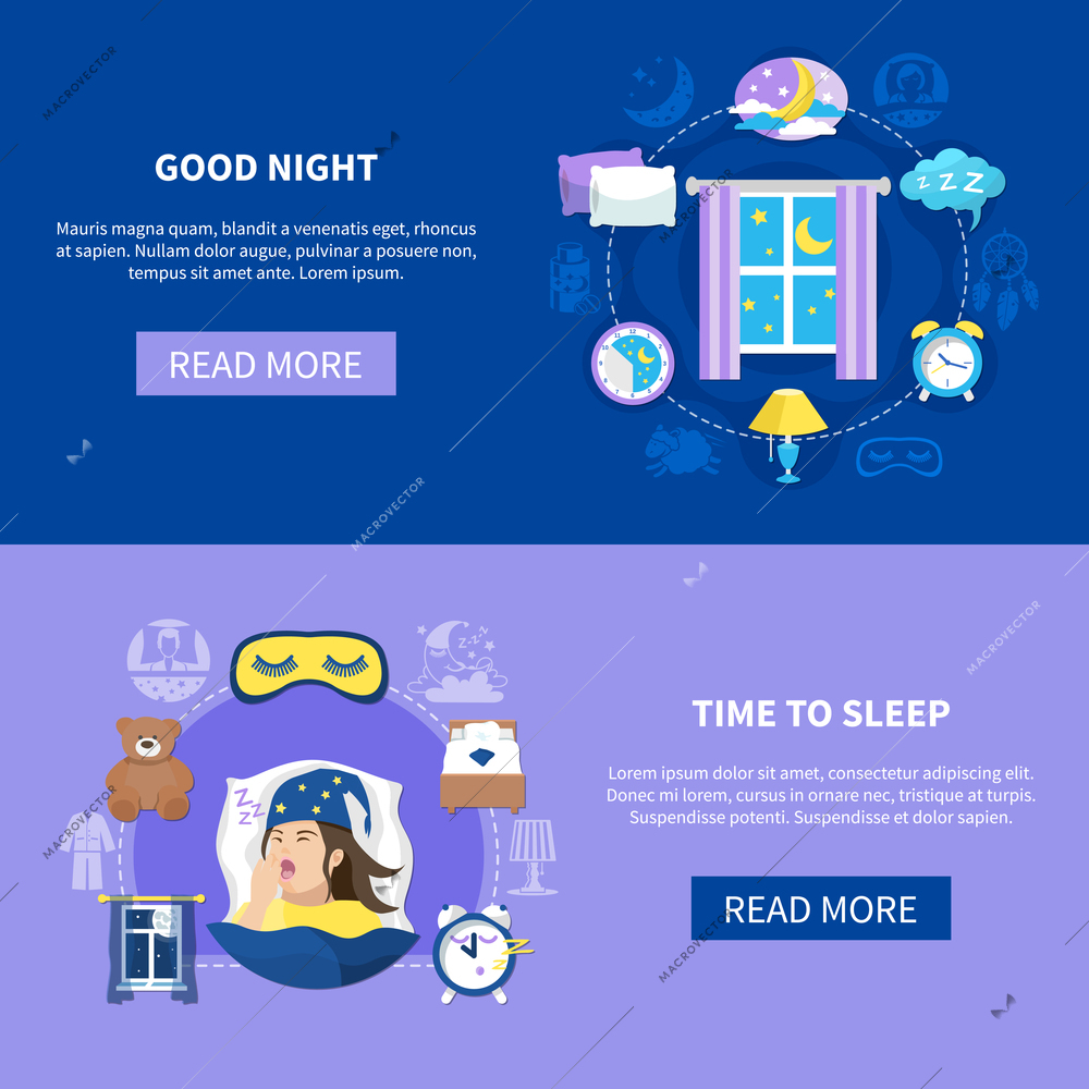 Night sleeping habits bedroom accessories dreams 2 flat horizontal banners webpage read more button design vector illustration