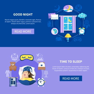 Night sleeping habits bedroom accessories dreams 2 flat horizontal banners webpage read more button design vector illustration