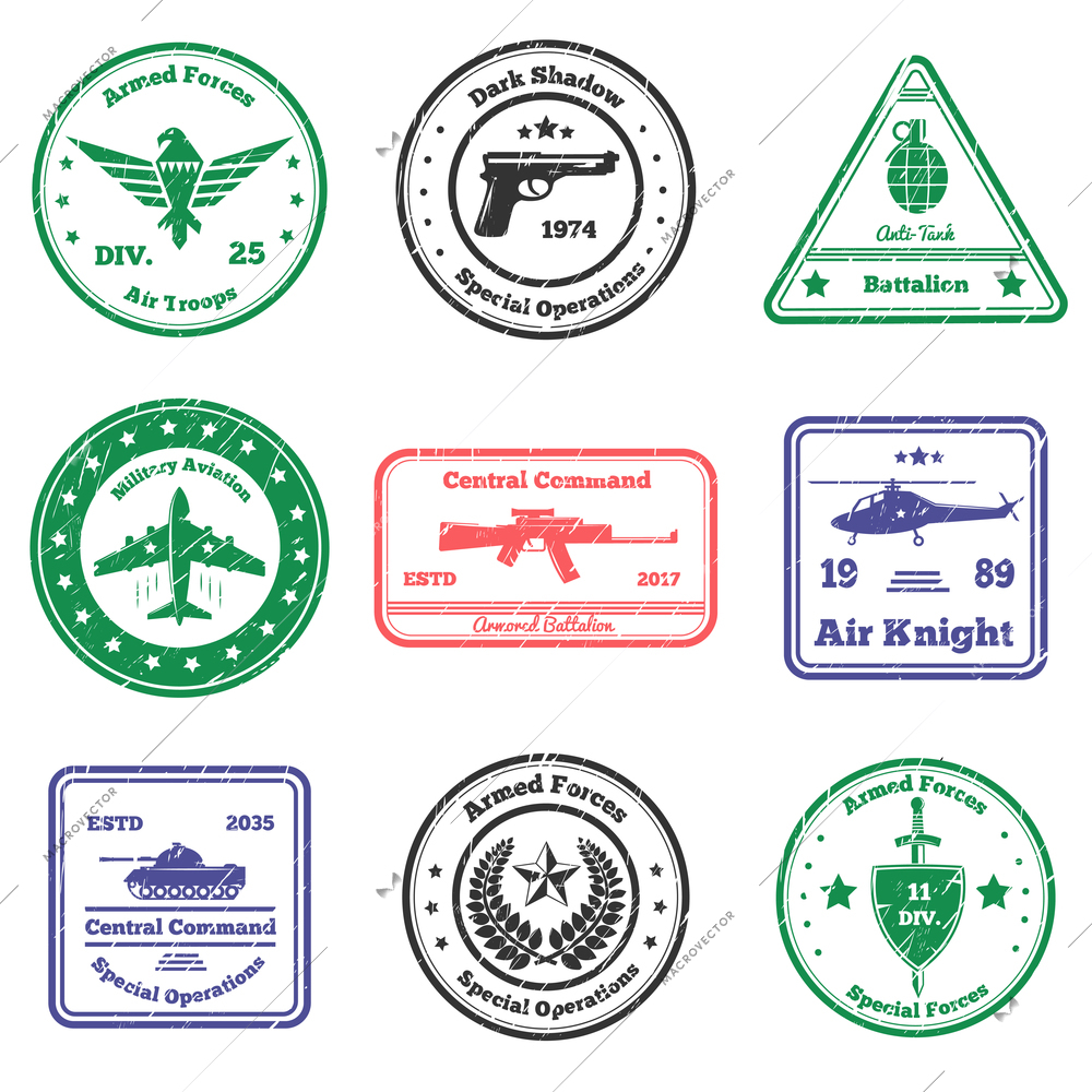 Military grunge stamps collection of nine flat postal stamps with text captions signs and weapon symbols vector illustration