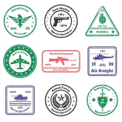 Military grunge stamps collection of nine flat postal stamps with text captions signs and weapon symbols vector illustration