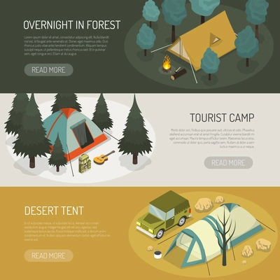 Camping tents choices tips for different purposes and capasity 3 horizontal banners webpage design isolated vector illustration