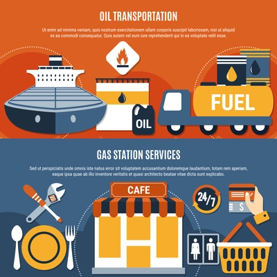 Two horizontal fuel pump flat composition set with oil transportation gas station services descriptions vector illustration