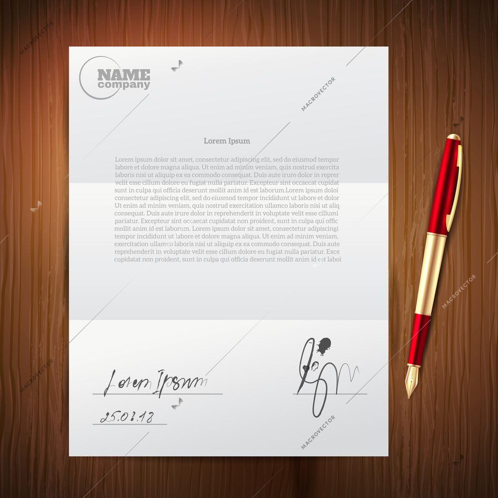 Realistic and colored business pen paper composition with ballpoint pen signature on important documents vector illustration