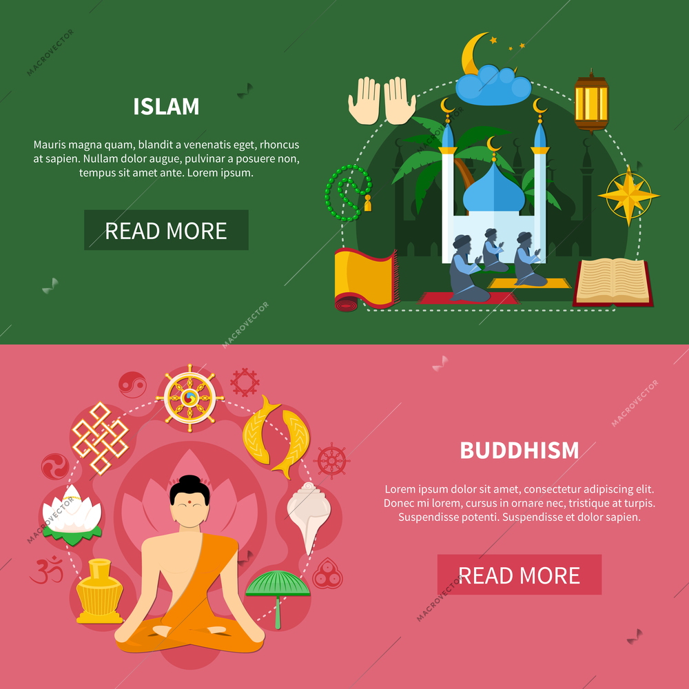 Colored religions flat and horizontal banner set with buddhism and islam headlines vector illustration