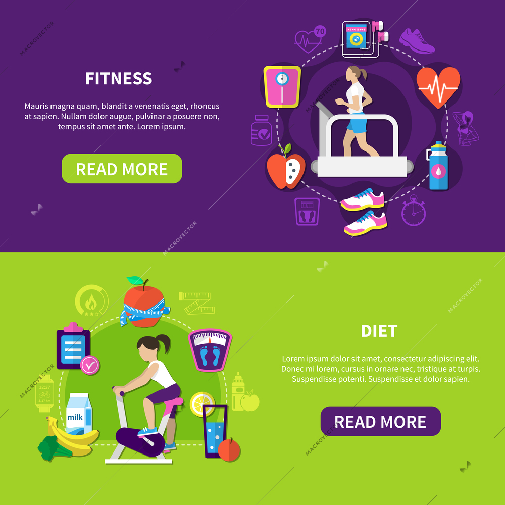 Set of flat horizontal banners with fitness and diet food isolated on purple green background vector illustration