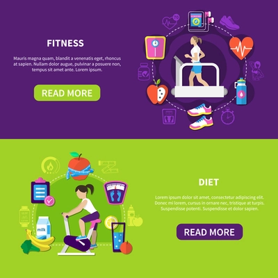 Set of flat horizontal banners with fitness and diet food isolated on purple green background vector illustration