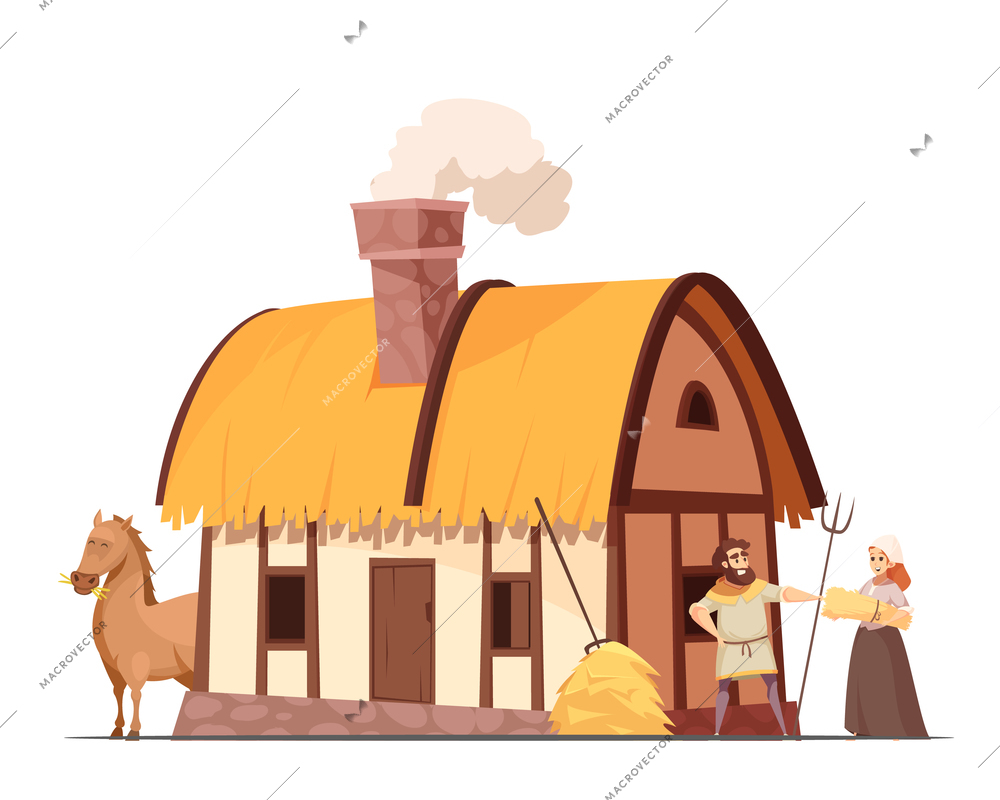 Medieval peasant family household with hatched roof house backyard horse and stack of hay cartoon vector illustration