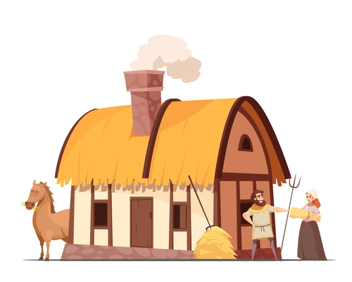 Medieval peasant family household with hatched roof house backyard horse and stack of hay cartoon vector illustration