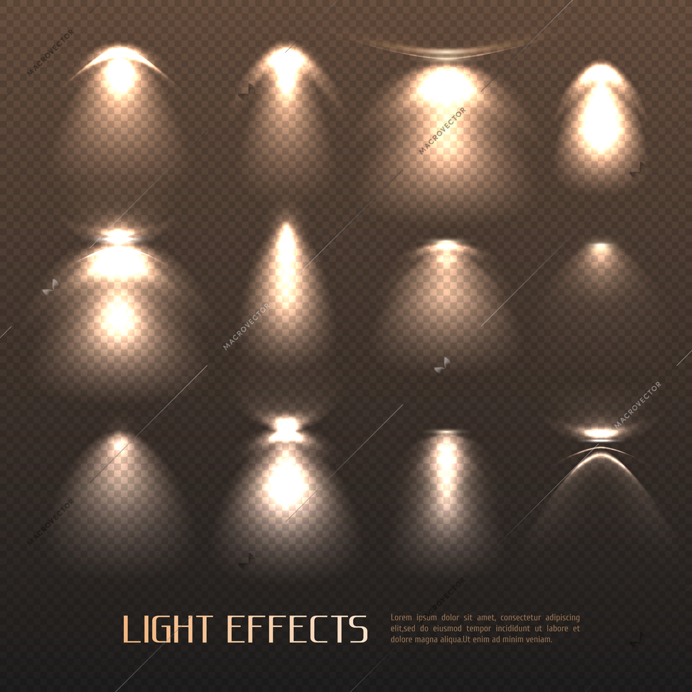 Set of light effects of various intensity from electric lamps on transparent background isolated vector illustration