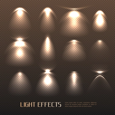 Set of light effects of various intensity from electric lamps on transparent background isolated vector illustration