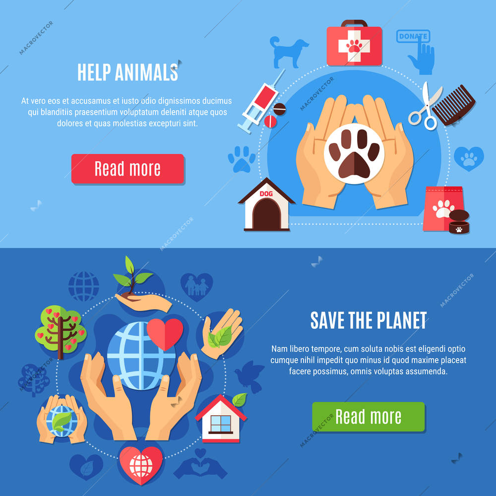 Set of two horizontal charity banners with veterinary equipment and environmental protection symbols with read more button vector illustration