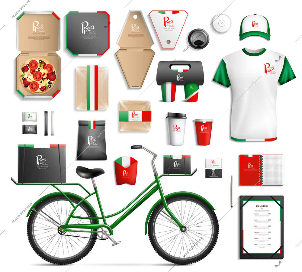 Set of fastfood packaging template with brand identity, working uniform, stationery, bicycle for delivery isolated vector illustration