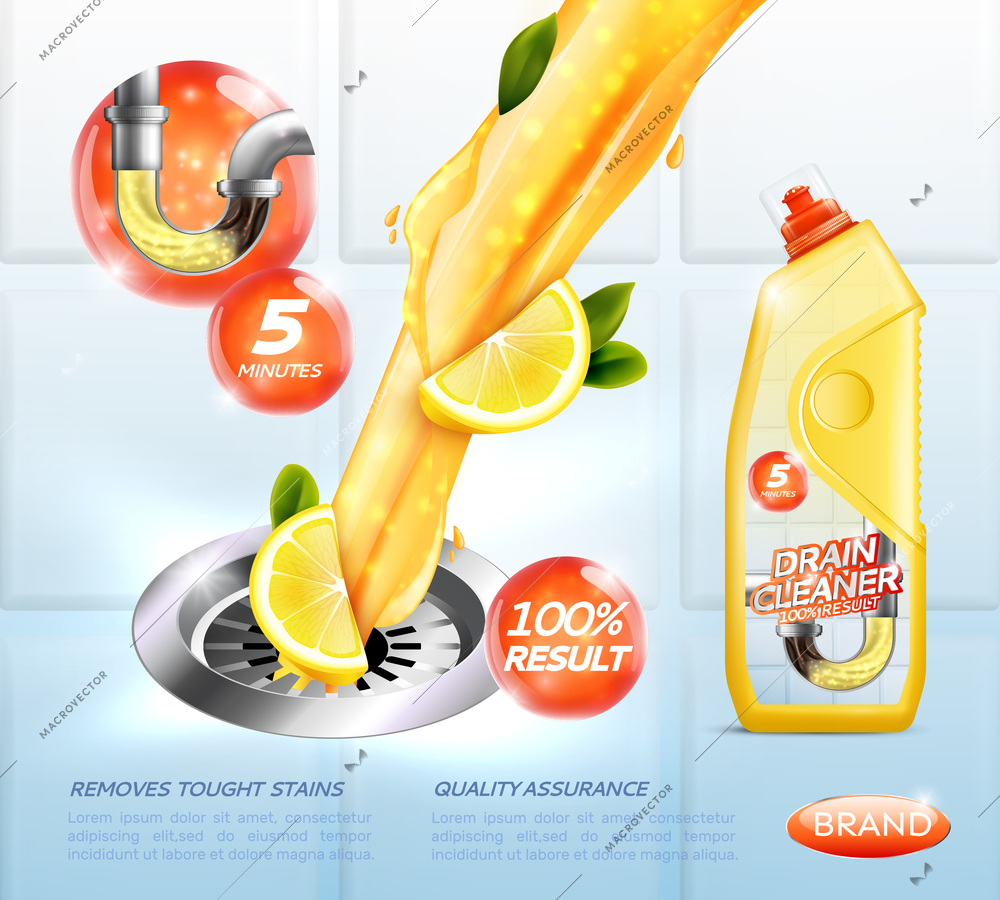 Drain cleaner ad poster including detergent with lemon, flushing of pipe on tiled light background vector illustration